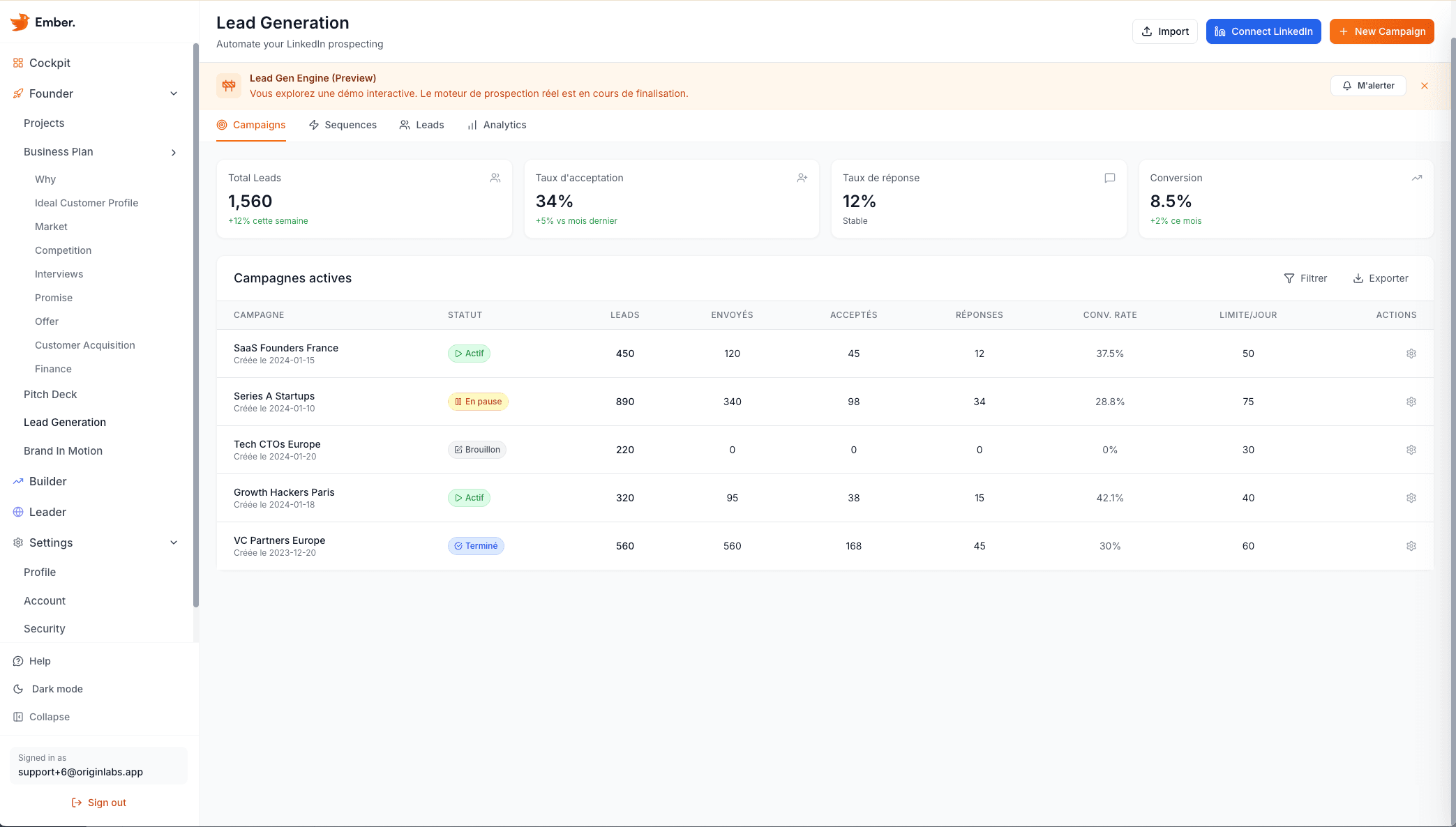 Ember Lead Intelligence — campaign dashboard and lead scoring