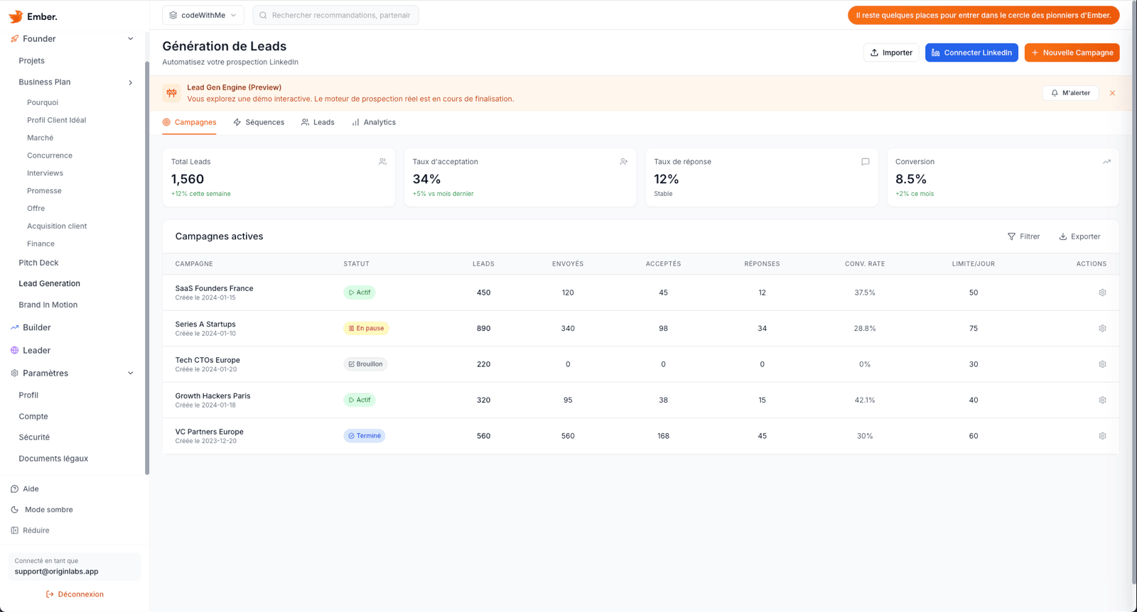 Ember Lead Intelligence — campaign dashboard and lead scoring