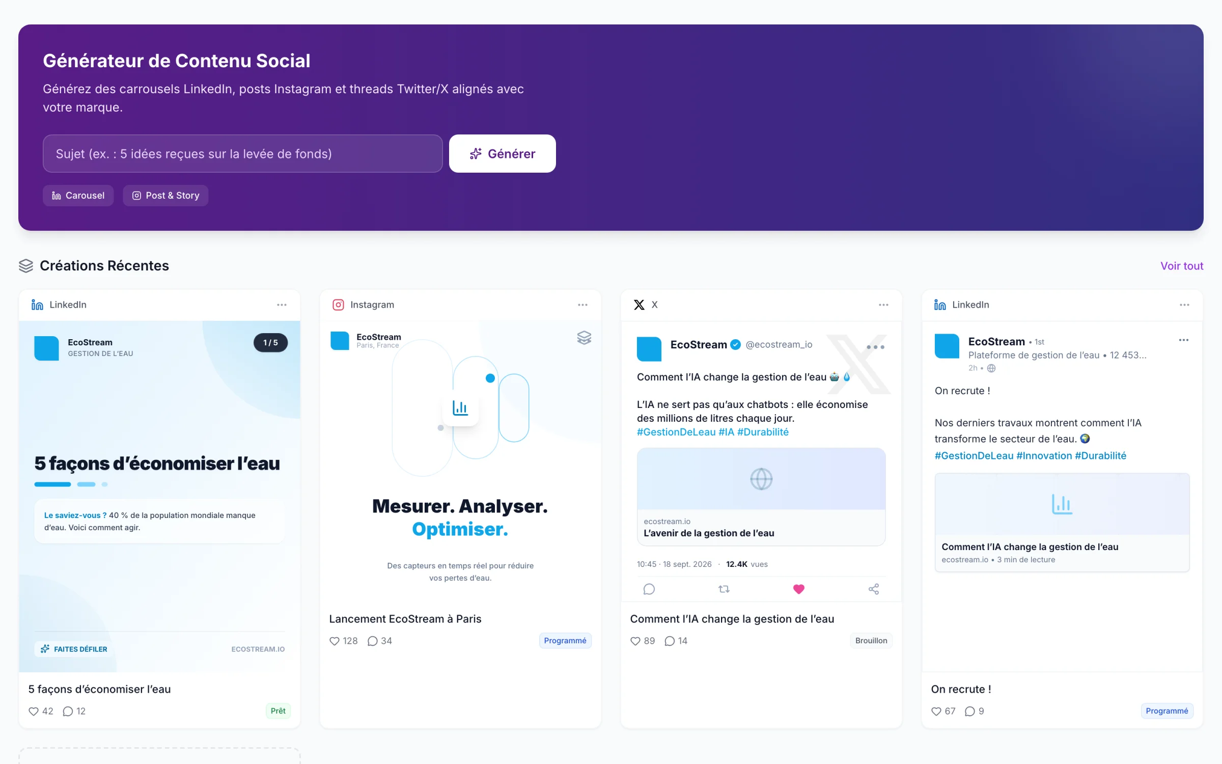 Générateur de contenu social : carrousels LinkedIn, posts Instagram et threads X