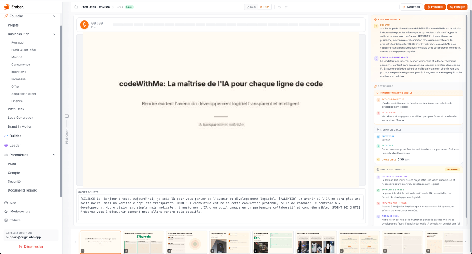 Entraînement au pitch : script annoté, livraison orale et contexte de chaque slide