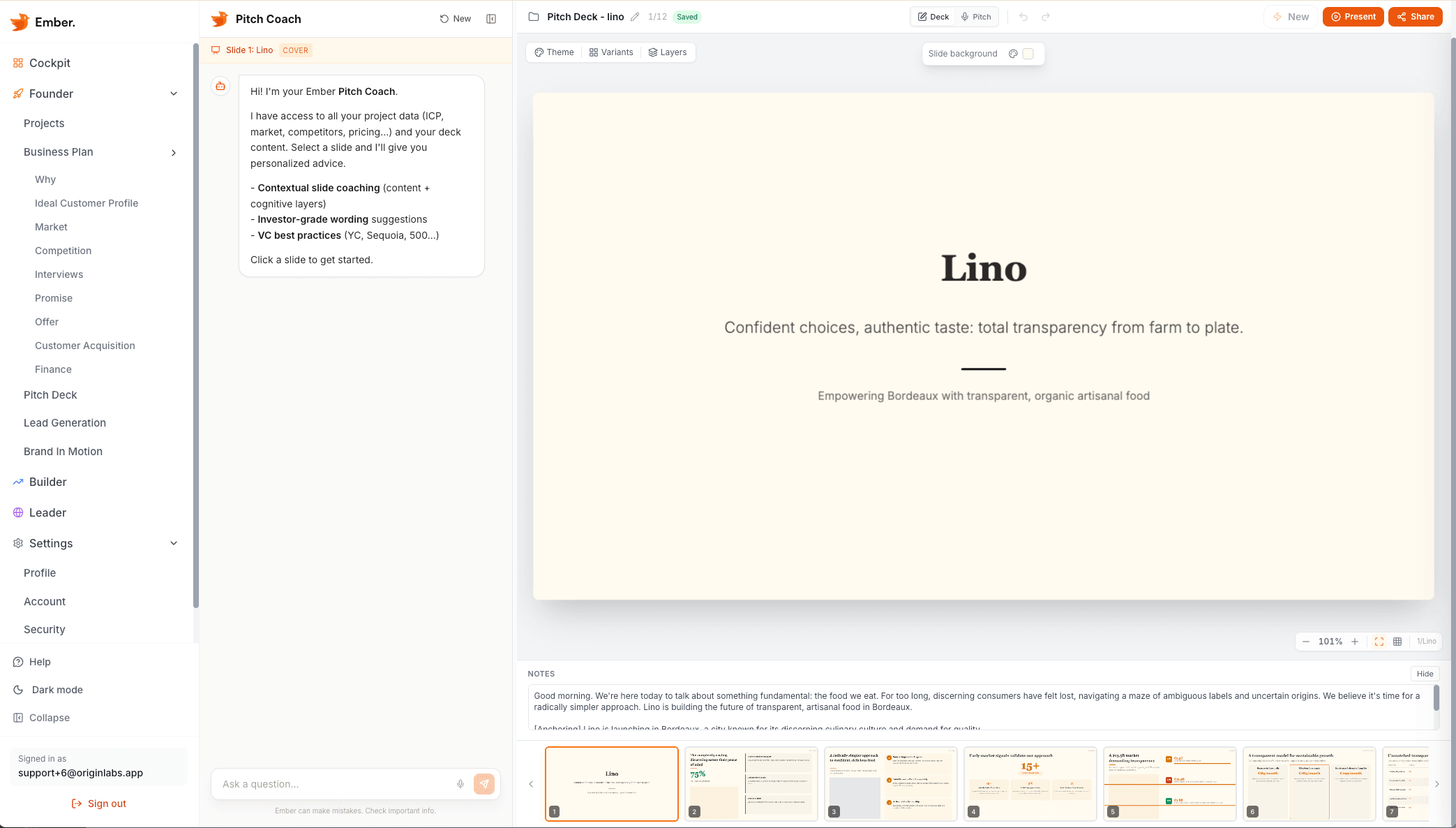 Creation: the slide editor, with the conversation advising slide by slide
