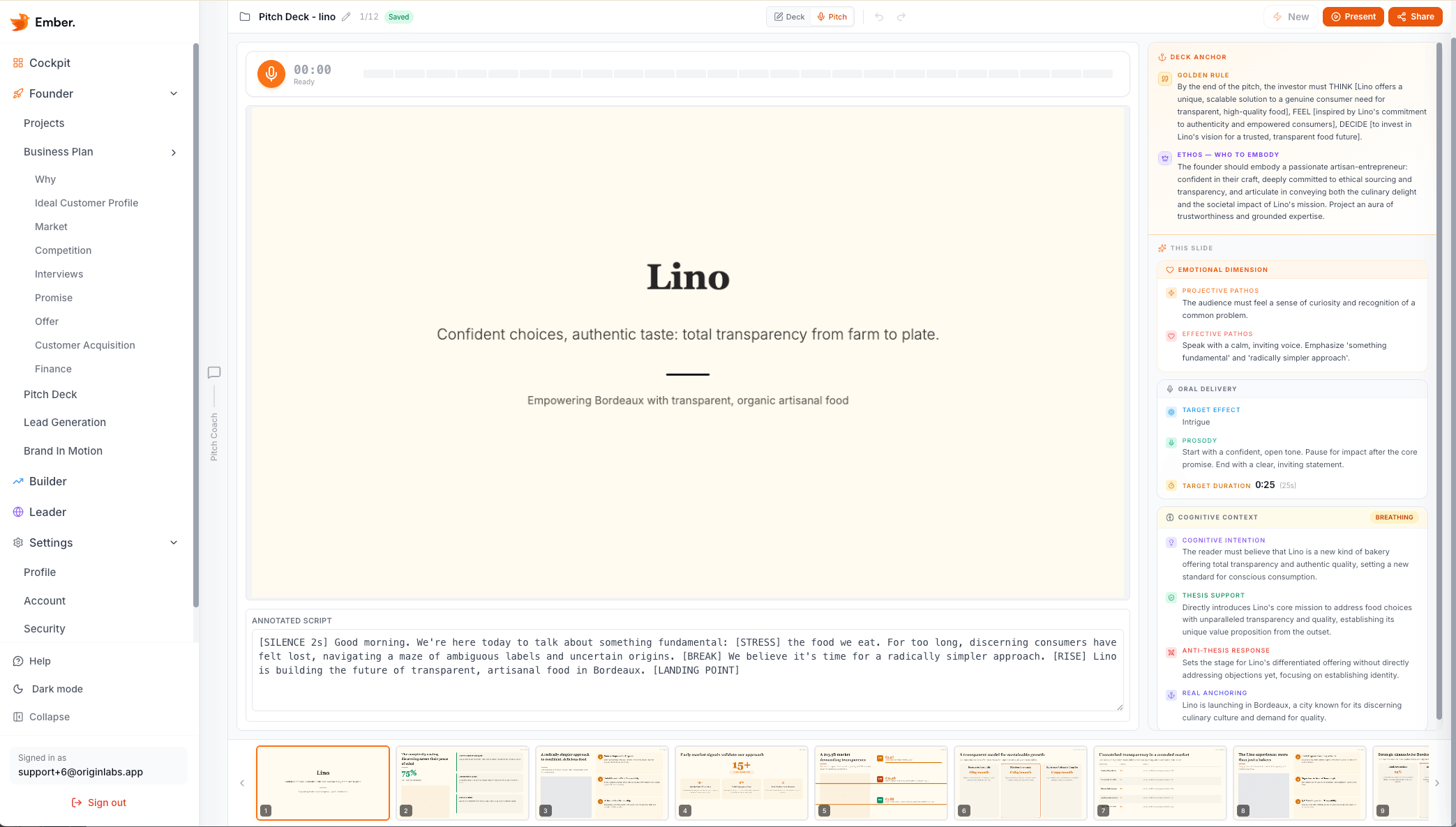 Pitch training: annotated script, oral delivery and context for each slide