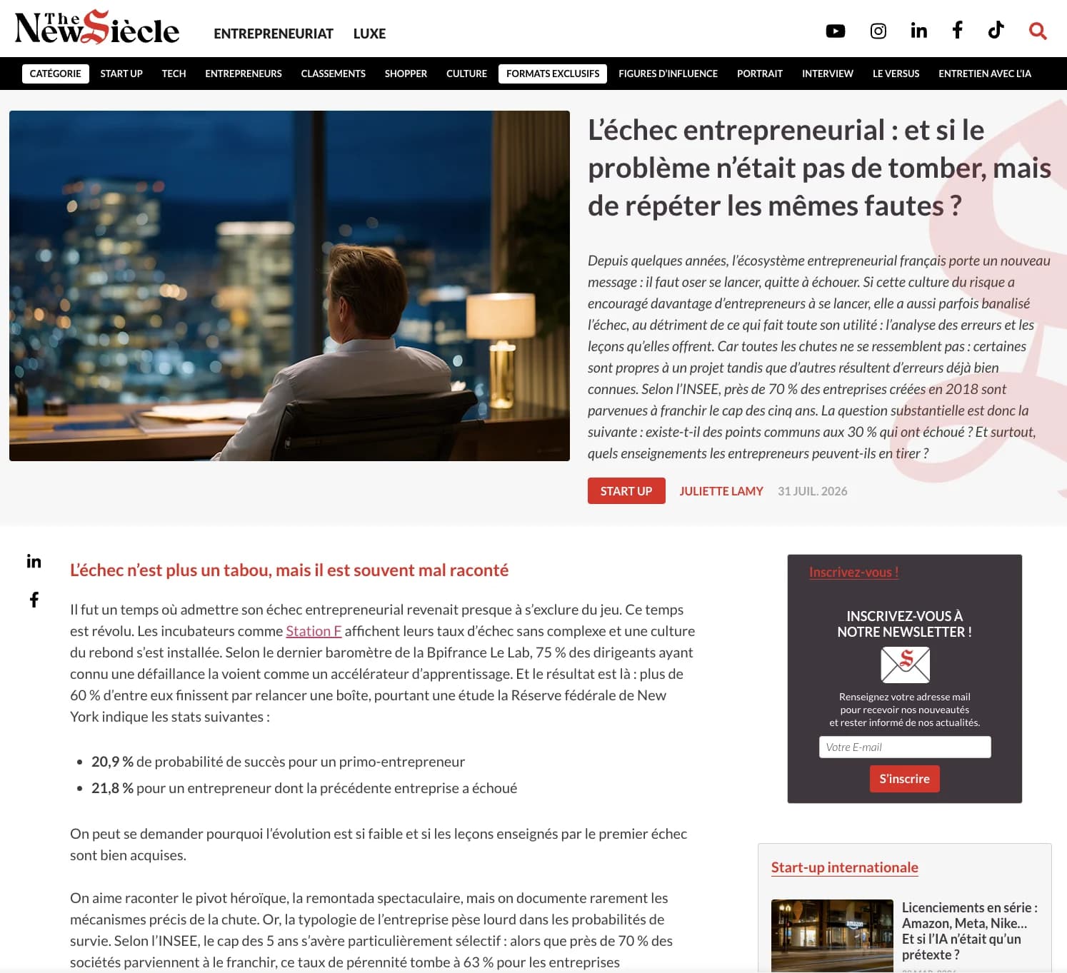 Article de The New Siècle consacré à l’échec entrepreneurial