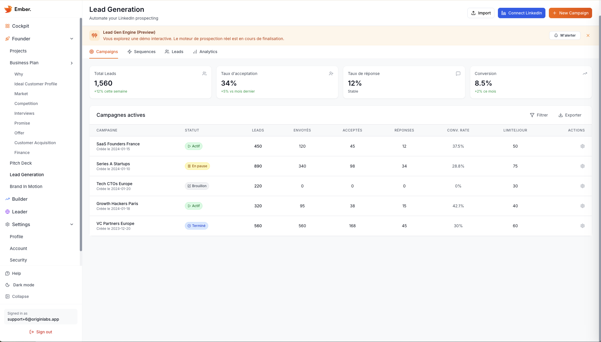 Ember Lead Generation — Campaign dashboard with leads and conversion metrics