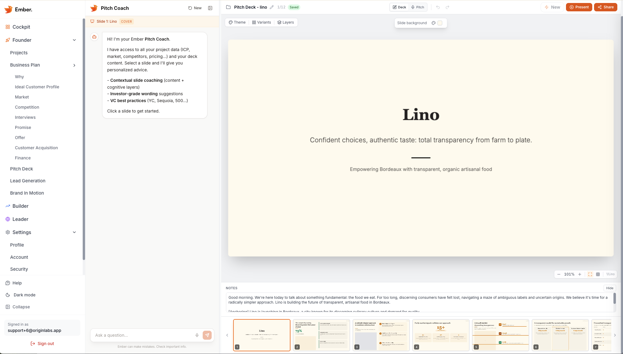 Ember Pitch Deck — Slide editor with AI coach