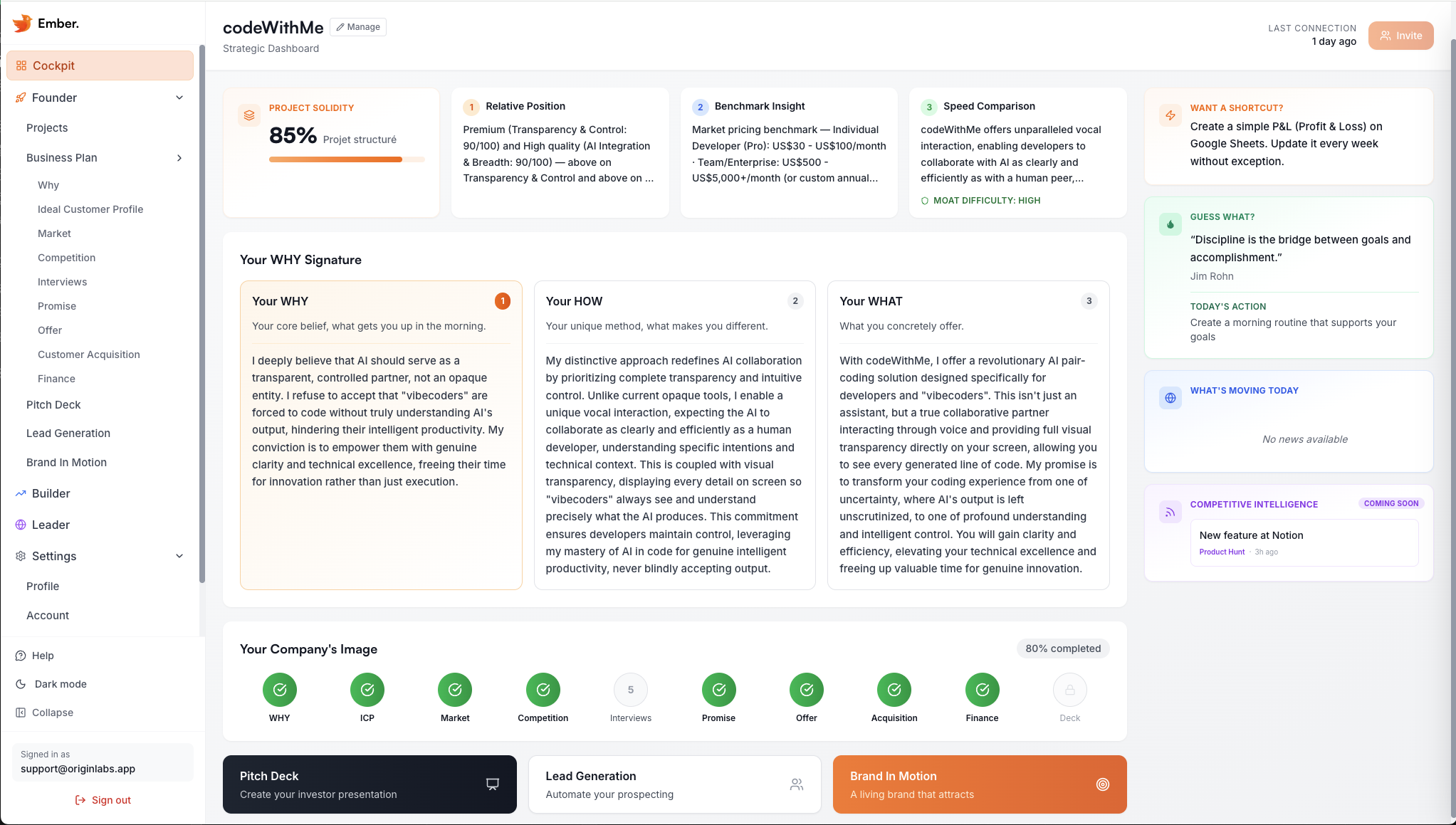 Aperçu du Cockpit Entrepreneurial Ember